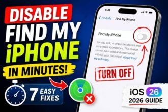 iPhone showing Find My iPhone settings with the feature being turned off on iOS 26 in 2026.