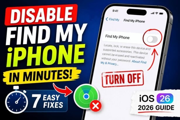 iPhone showing Find My iPhone settings with the feature being turned off on iOS 26 in 2026.