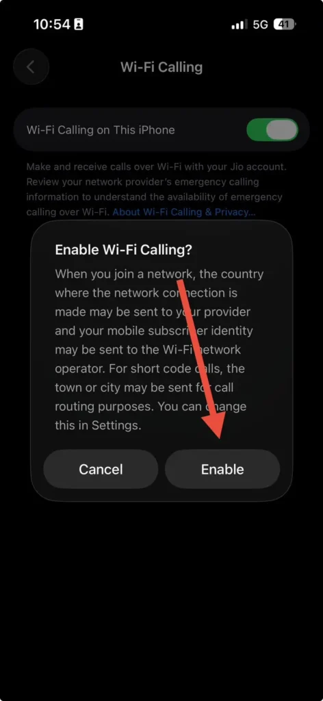 Confirmation prompt asking the user to enable Wi-Fi Calling on an iPhone.