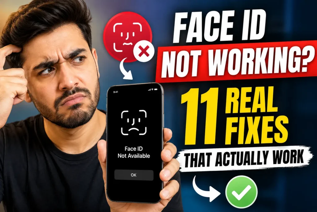 Person holding an iPhone displaying a Face ID unavailable message alongside a graphic showing troubleshooting fixes
