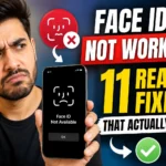 Person holding an iPhone displaying a Face ID unavailable message alongside a graphic showing troubleshooting fixes