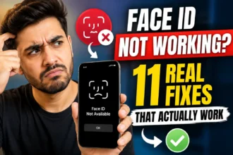 Person holding an iPhone displaying a Face ID unavailable message alongside a graphic showing troubleshooting fixes