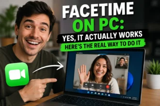 Person pointing at a Windows laptop running a FaceTime video call with text explaining how FaceTime works on PC.