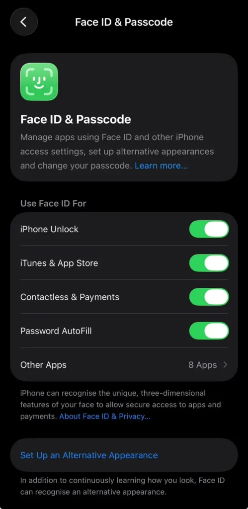 Face ID and Passcode settings screen on iPhone with Face ID options enabled for unlocking, payments, and password autofill