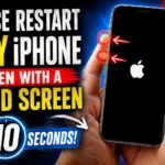 Hand holding an iPhone with a black screen showing force restart button locations and a 10-second timer graphic for troubleshooting a frozen or unresponsive iPhone.