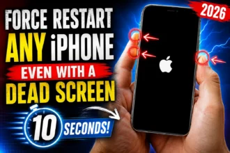 Hand holding an iPhone with a black screen showing force restart button locations and a 10-second timer graphic for troubleshooting a frozen or unresponsive iPhone.