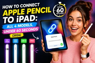 Smiling woman holding an Apple Pencil and iPad showing a pairing screen, illustrating how to connect Apple Pencil to iPad for all four Pencil models.
