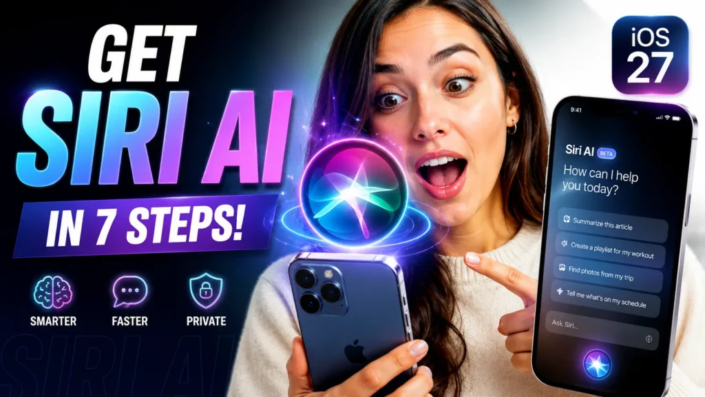 Woman holding an iPhone with a Siri AI interface while a glowing virtual assistant orb hovers above the device.