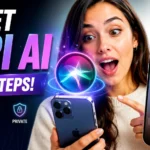 Woman holding an iPhone with a Siri AI interface while a glowing virtual assistant orb hovers above the device.
