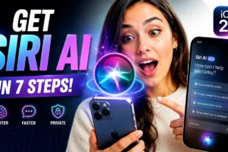 Woman holding an iPhone with a Siri AI interface while a glowing virtual assistant orb hovers above the device.