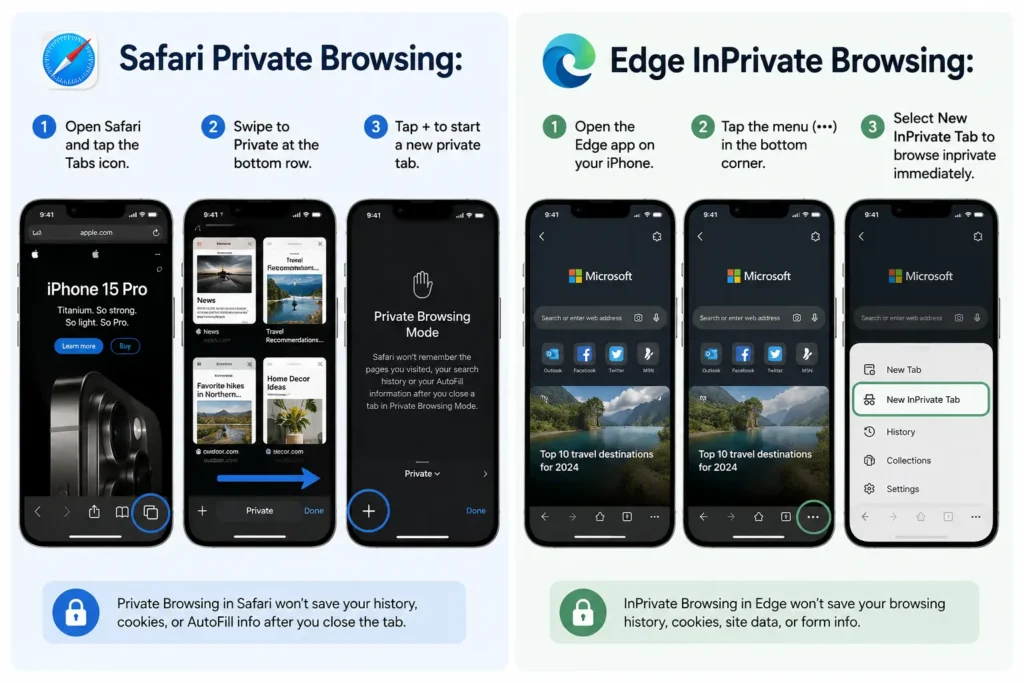 Step-by-step guide showing how to open Safari Private Browsing and Edge InPrivate Browsing on iPhone.