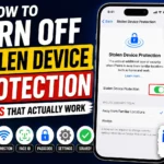 iPhone showing Stolen Device Protection settings with toggle option and five fixes to turn off the feature in iOS 26