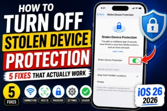 iPhone showing Stolen Device Protection settings with toggle option and five fixes to turn off the feature in iOS 26