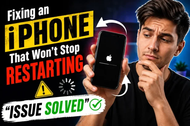 Concerned iPhone user holding a device stuck on the Apple logo while troubleshooting a restart loop issue