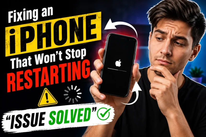 Concerned iPhone user holding a device stuck on the Apple logo while troubleshooting a restart loop issue