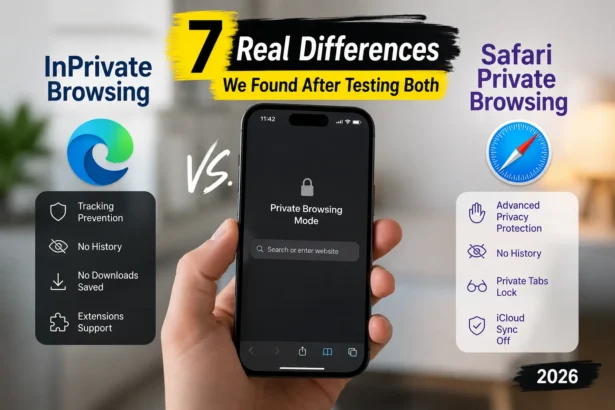 InPrivate Browsing vs Safari Private Browsing on iPhone showing 7 real differences between Microsoft Edge and Safari private modes in 2026.