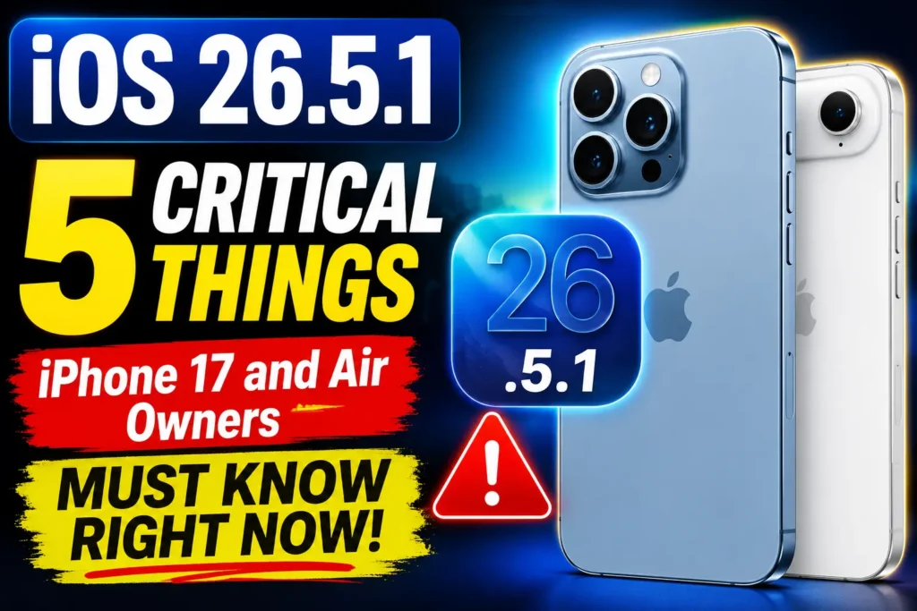 Promotional graphic showing iOS 26.5.1 update branding alongside iPhone 17 and iPhone Air devices, highlighting important information and update alerts for users.