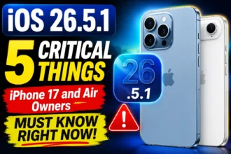 Promotional graphic showing iOS 26.5.1 update branding alongside iPhone 17 and iPhone Air devices, highlighting important information and update alerts for users.