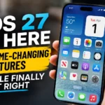 Person holding an iPhone displaying iOS 27 with text highlighting seven major new features introduced by Apple.