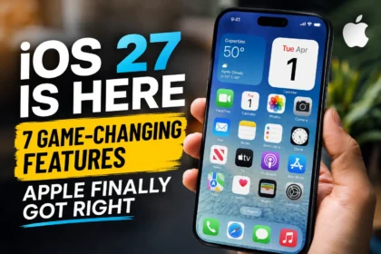Person holding an iPhone displaying iOS 27 with text highlighting seven major new features introduced by Apple.