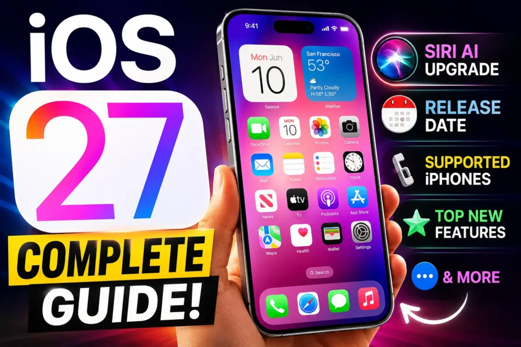 iOS 27 guide thumbnail featuring an iPhone with Siri AI upgrades, release date, supported iPhones, and new features