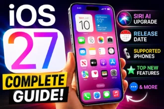 iOS 27 guide thumbnail featuring an iPhone with Siri AI upgrades, release date, supported iPhones, and new features