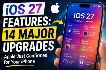 YouTube-style thumbnail featuring iOS 27 and highlighting 14 major upgrades confirmed for iPhone users.