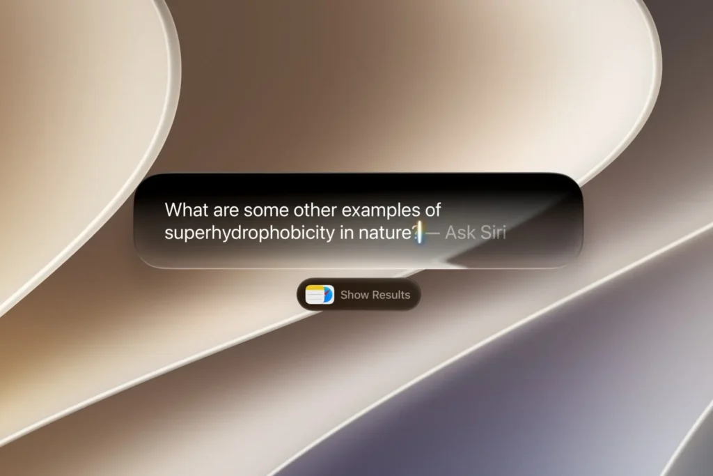 Siri AI interface in iOS 27 showing a natural language question with a modern Liquid Glass design and intelligent search results.