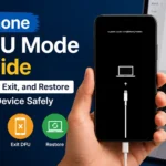 Hand holding an iPhone connected to a computer while displaying a DFU mode recovery screen, alongside text about entering, exiting, and restoring the device.
