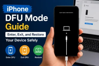 Hand holding an iPhone connected to a computer while displaying a DFU mode recovery screen, alongside text about entering, exiting, and restoring the device.