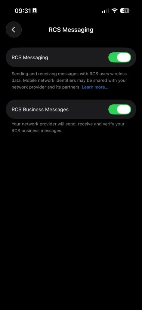 iPhone RCS Messaging settings screen with RCS Messaging and RCS Business Messages enabled