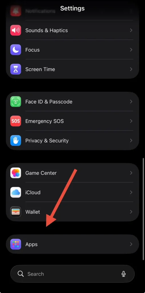 iPhone Settings screen showing the Apps section where phone-related settings can be accessed.