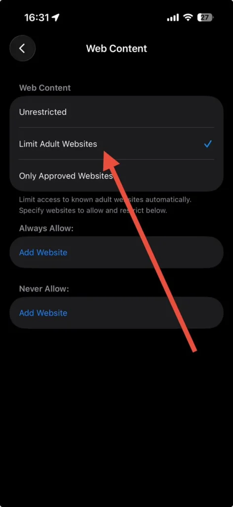 Web Content settings with Limit Adult Websites selected to disable Private Browsing access.