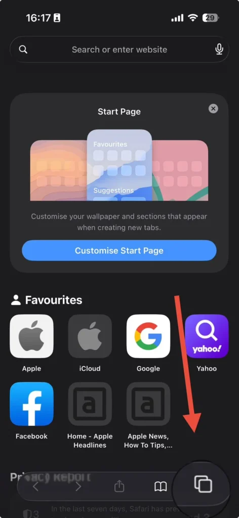 iPhone Safari screen with an arrow highlighting the tab switcher used to turn off Private Browsing mode.