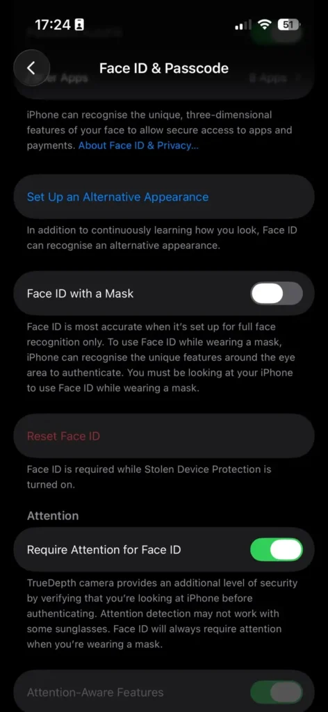 Face ID settings screen with Require Attention for Face ID enabled on an iPhone