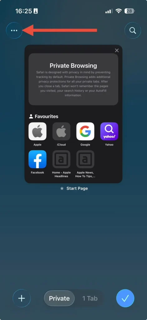 Safari Private Browsing screen with the menu button highlighted for additional browsing options.