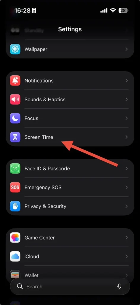 iPhone Settings app showing the Screen Time option used for managing Safari privacy restrictions.