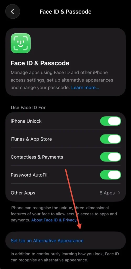 Face ID settings page highlighting the Set Up an Alternative Appearance option on iPhone