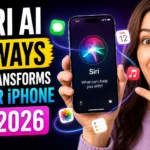 Woman holding an iPhone displaying Siri AI with colorful app icons and a futuristic 2026 technology theme