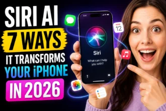 Woman holding an iPhone displaying Siri AI with colorful app icons and a futuristic 2026 technology theme