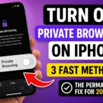 YouTube-style thumbnail showing an iPhone Safari Private Browsing screen and steps to turn off Private Browsing on iPhone.
