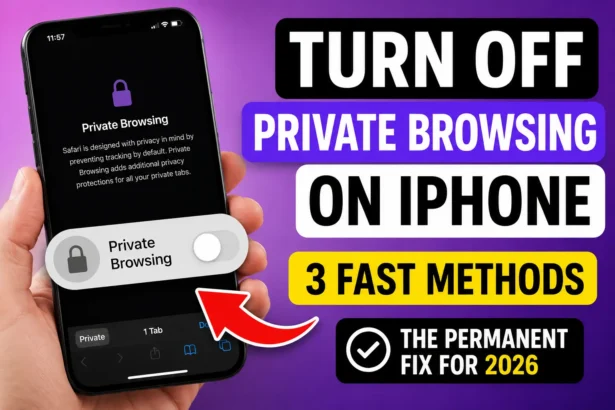 YouTube-style thumbnail showing an iPhone Safari Private Browsing screen and steps to turn off Private Browsing on iPhone.