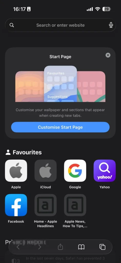 Safari start page on iPhone showing the tab switcher before selecting an option to turn off Private Browsing.