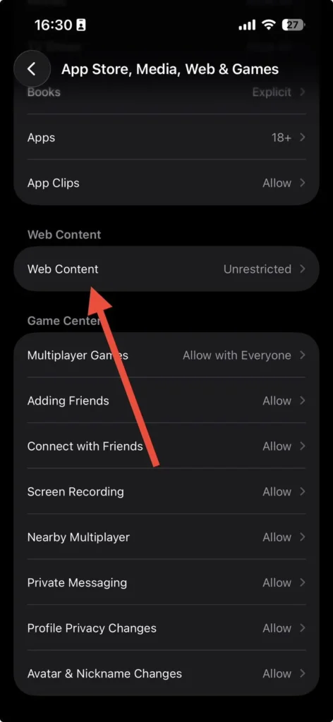 Web Content settings page in Screen Time showing available Safari content controls.