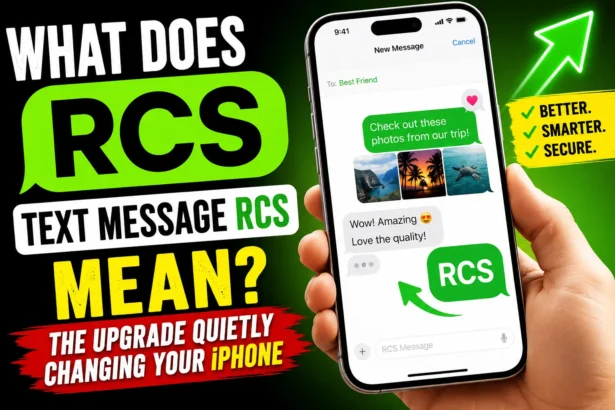 What Does Text Message RCS Mean on iPhone thumbnail showing RCS messaging chat and iPhone conversation