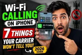 Person holding an iPhone with Wi-Fi Calling enabled while highlighting hidden carrier features in a 2026 guide.