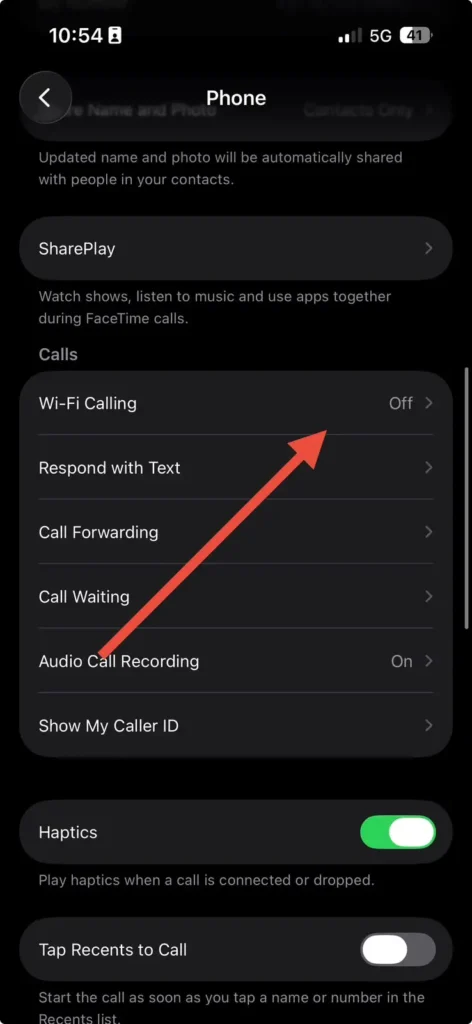 iPhone Phone settings screen displaying the Wi-Fi Calling option before activation.