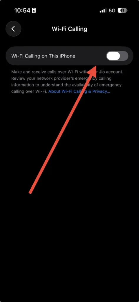 Wi-Fi Calling settings page on iPhone with the feature turned off.