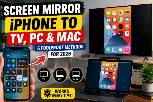 An iPhone displaying the Screen Mirroring feature beside a TV and MacBook showing the mirrored iPhone display