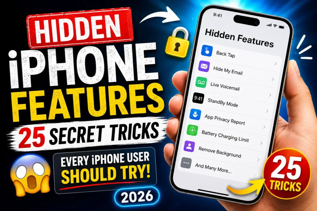 iPhone displaying hidden features and secret settings with bold graphics highlighting 25 useful tricks for everyday users.
